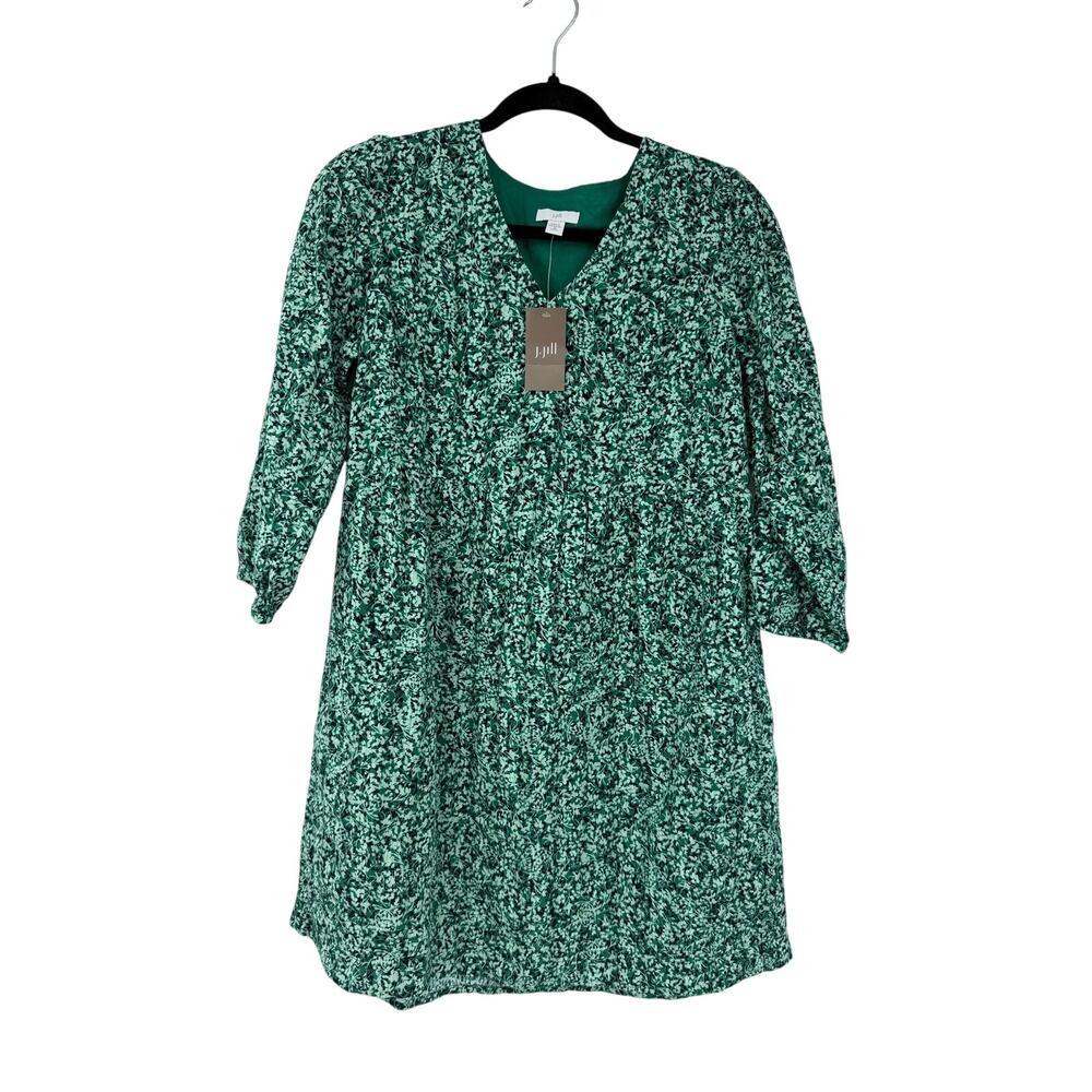 J. Jill Womens Mini A-line Dress Size XS Petite Green Floral 3/4 Puff Sleeve NWT